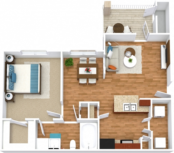 Floor plan for 1 bed, 1 bath, 698 sqft